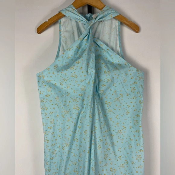 Ganni Blue Floral‎ Printed Cotton Poplin Sleeveless Twist-Front Midi Dress - Picture 4 of 15